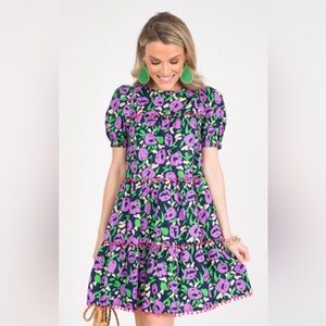Colorful Floral Tiered Babydoll Dress Pom Pom Trim Puff Sleeve Mini